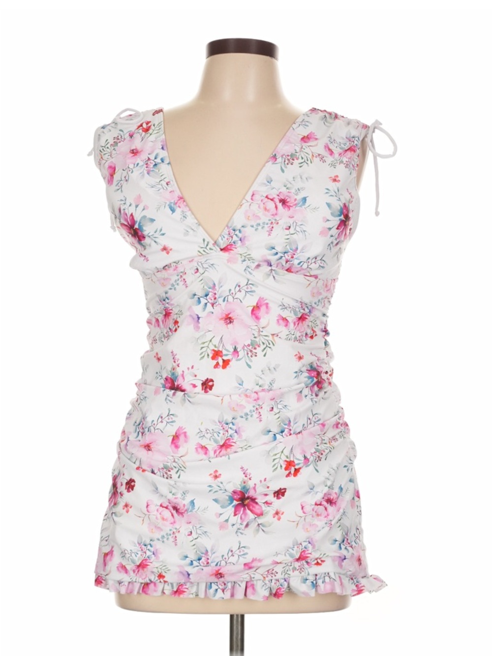 Floral V-Neck Ruched Women’s Top - White with Pink Floral